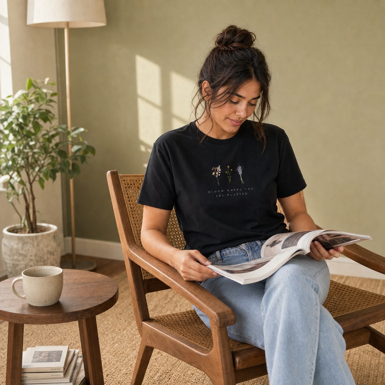 Modelo sentada leyendo con la camiseta Bloom en una sala de luz cálida