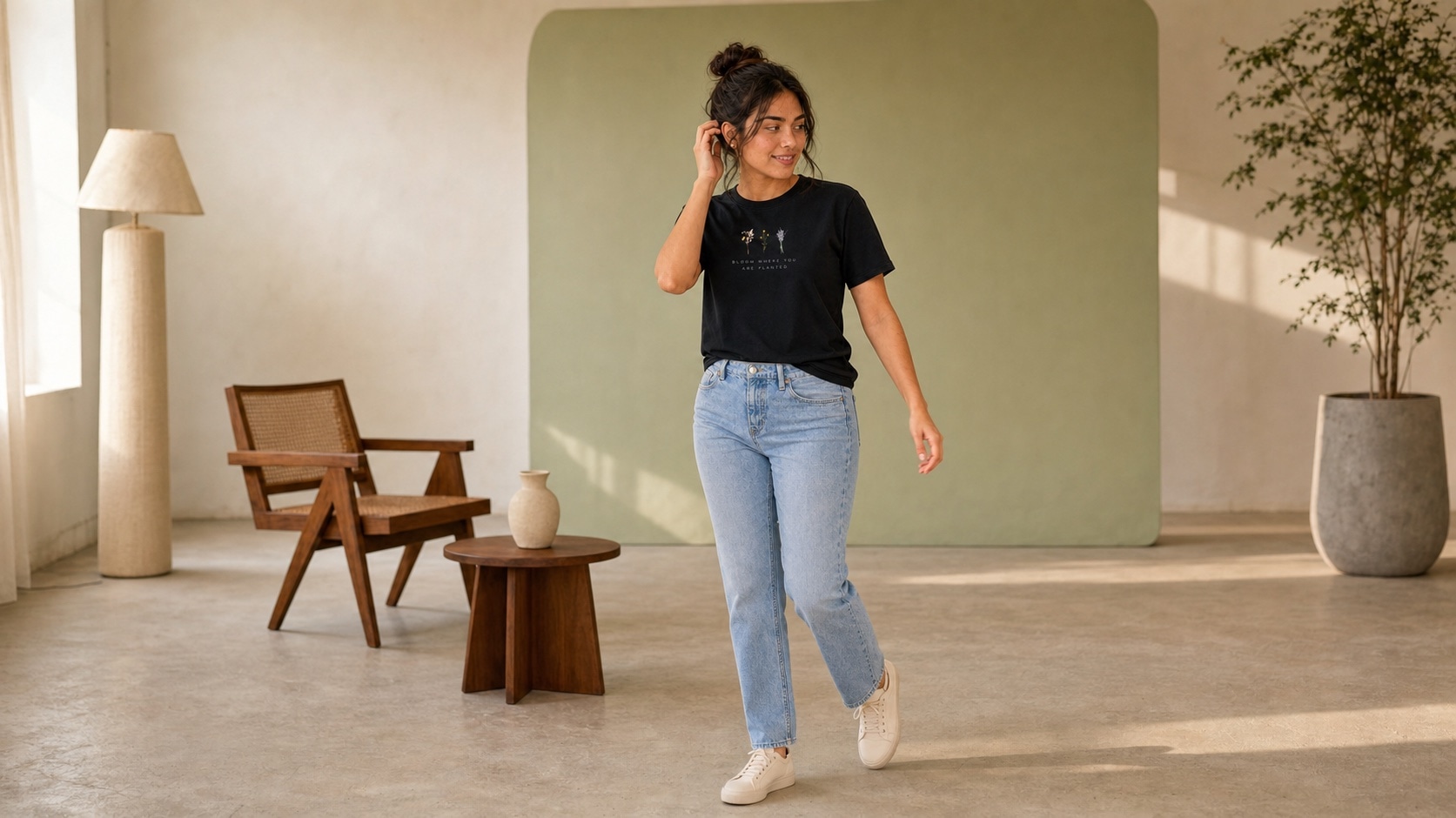 Modelo caminando con la camiseta Bloom
