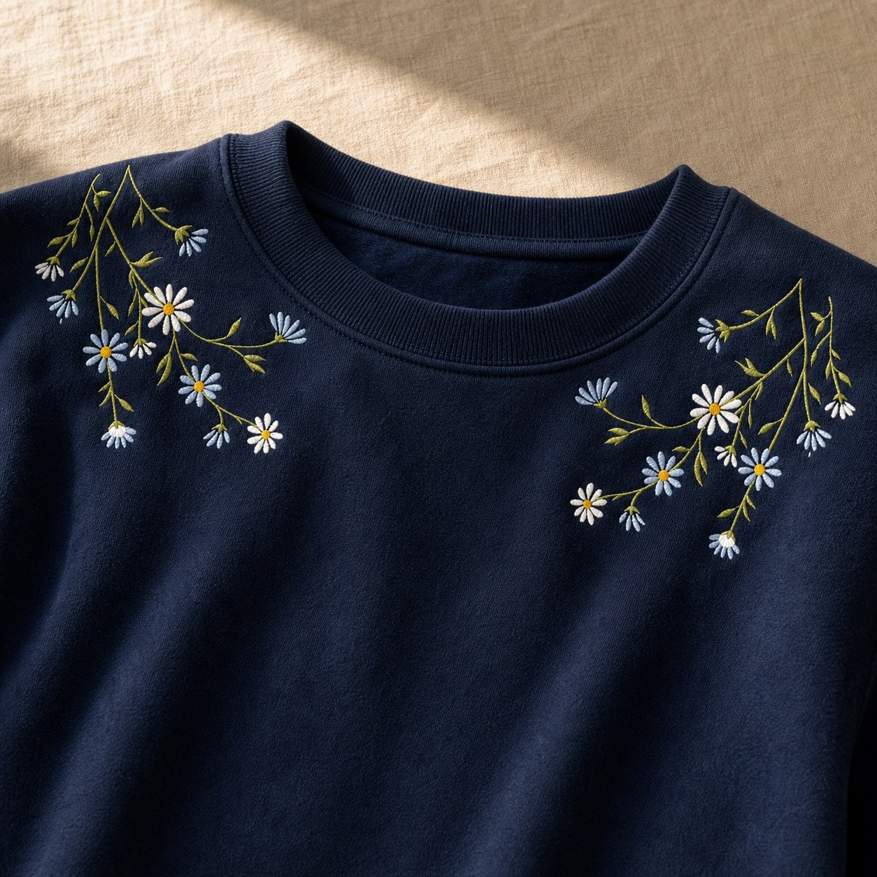 Detalle del bordado floral de la sudadera