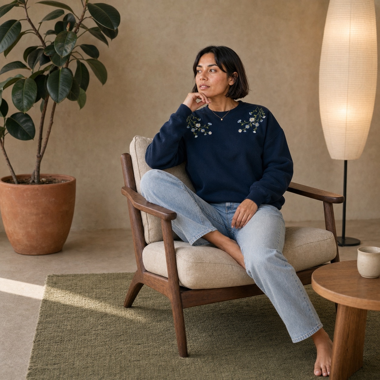 Modelo con la sudadera Flores en un sillón