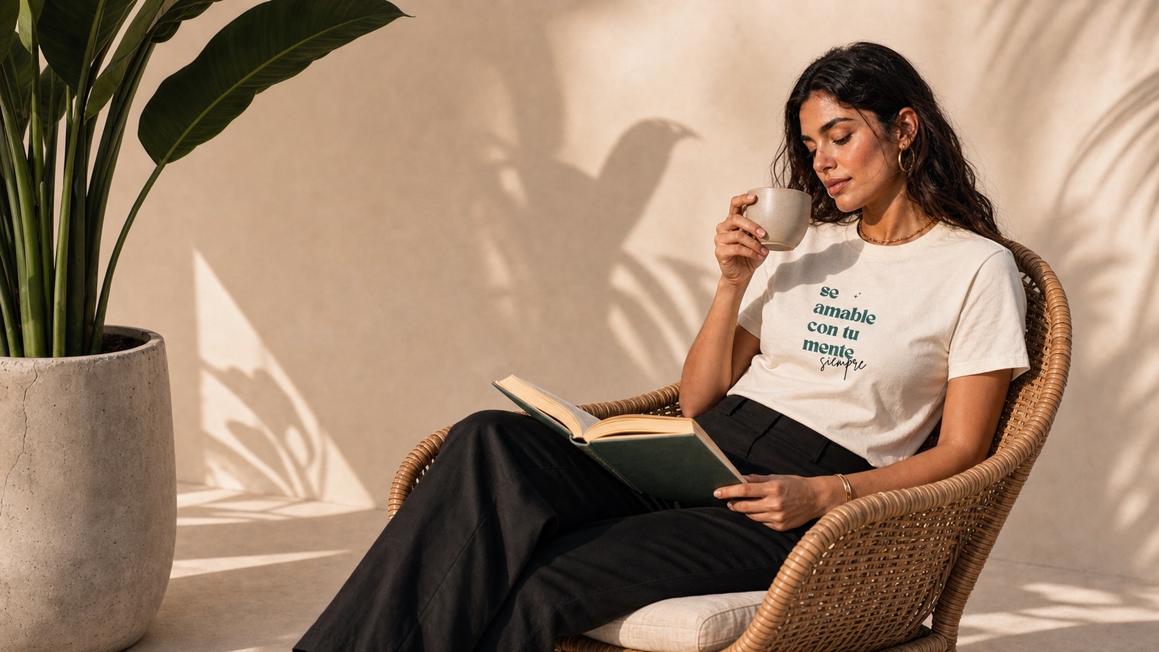 Modelo leyendo en una silla con la camiseta