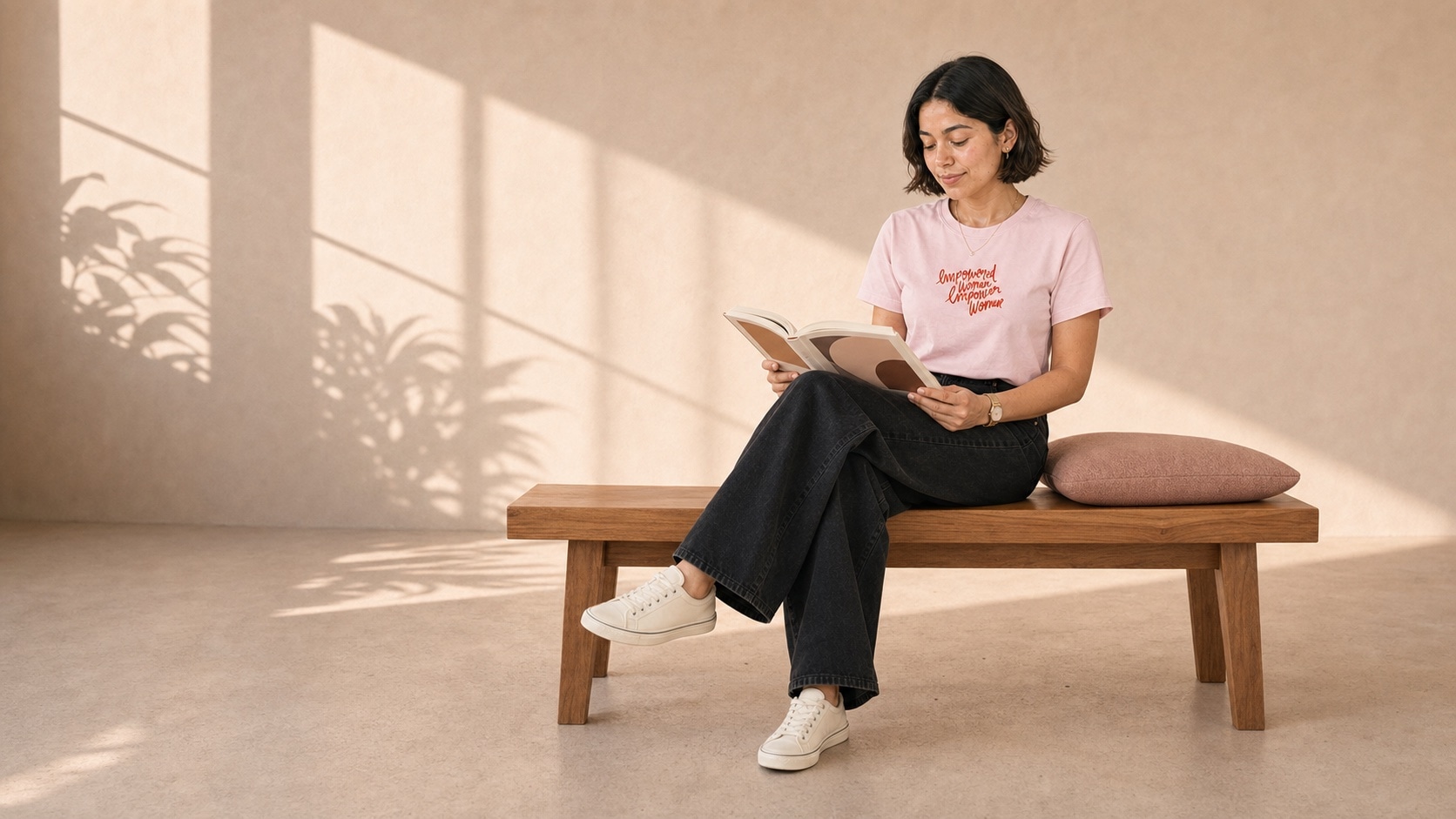 Modelo leyendo con la camiseta Empowered